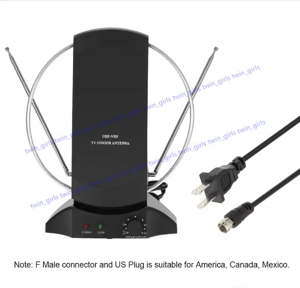 LAN-1014 HDTV amplificada Antena de TV digital para interiores Rango de 50 millas UHF / VHF con fuente de alimentación para DTV / Receptor FM Conector F Enchufe de EE. UU.