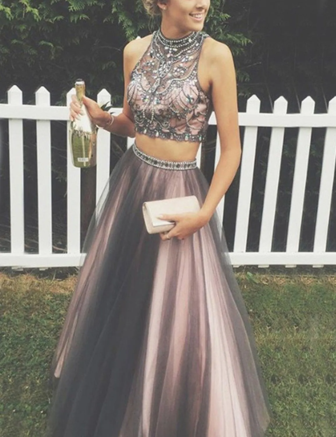 Two Piece Prom Dress With Crystal Beaded Black High Neck Evening Dress Prom Dress for Juniors A Line