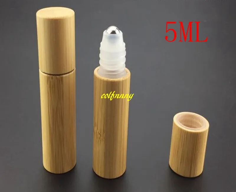 20 stks / partij Gratis verzending 5ml bamboe roll on fles verpakking bamboe shell stalen roller balflessen