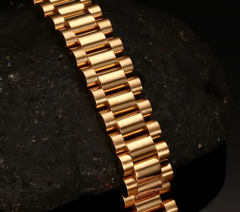 15mm homens de luxo relógio pulseira pulseira banhado a ouro alça de aço inoxidável links manguito pulseira jóias presente 22cm br- 201