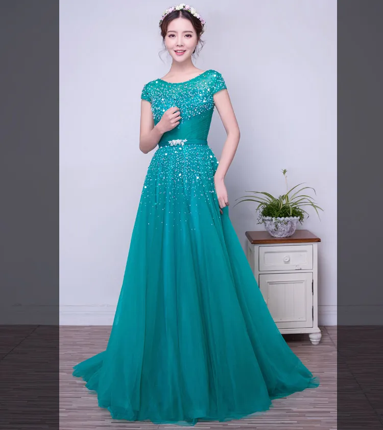 Turquoise Tulle Aline Long Modest Prom Vestidos con mangas cortas Cristales con cuentas elegantes vestidos de fiesta de mujeres formales reales 2242133