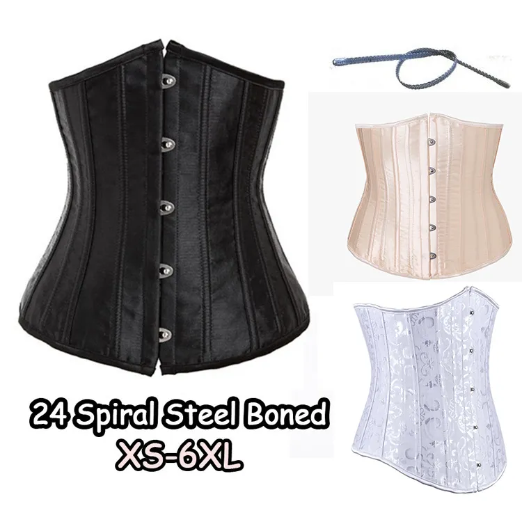 Corset 24 Full Steel Bot Taille Cincher / Trainer Satijn Corset Taille Training Corsets Underbust Plus Size Corset Modellering Strap XS-6XL