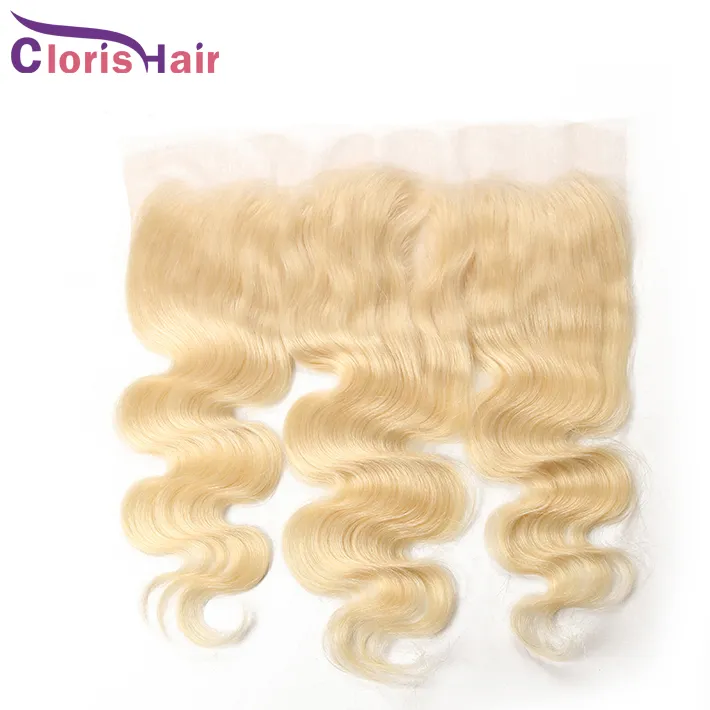 Biondo 13x4 Frontale in pizzo Orecchio a orecchio Capelli vergini indiani vergini grezzi Chiusure superiori 613 Biondo platino Onda del corpo Frontali completi con capelli per bambini