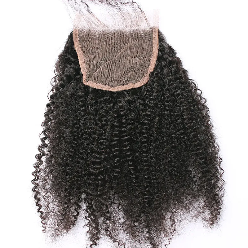 Brasiliansk Afro Kinky Curly 4 * 4 Lace Frontal Closure med hårbuntar Afro Curly Virgin Hair With Lace Closure Gratis frakt