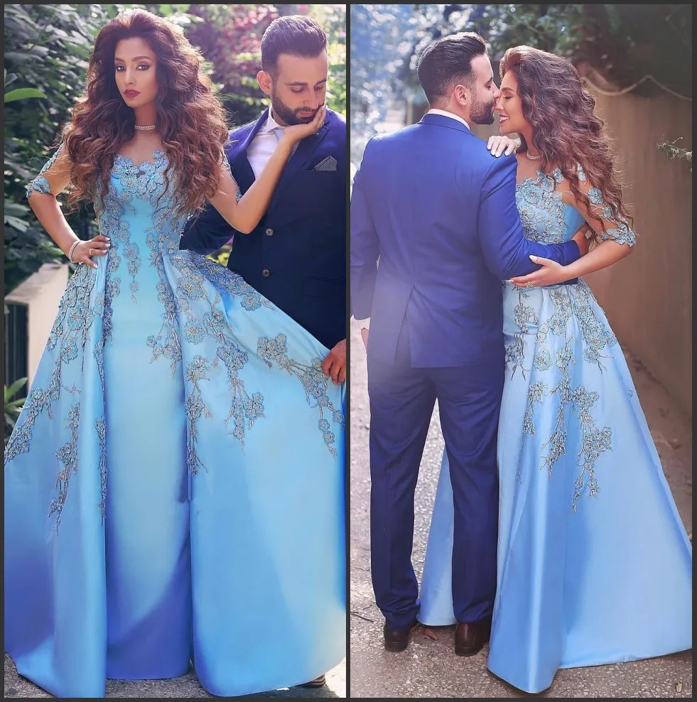 Ice Blue Modern Said Mhamad Abendkleider 2017 Sheer Jewel Neck mit Perlenapplikationen Eine Linie mit Überrock Arabisch Dubai Formale Abendkleider