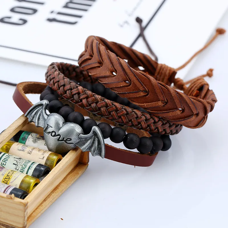 Men Punk Metal Love Heart Wings charm bracelets DIY Handmade Braided Leather Multilayer Chains Bracelet maxi statement fashion jewelry drop ship