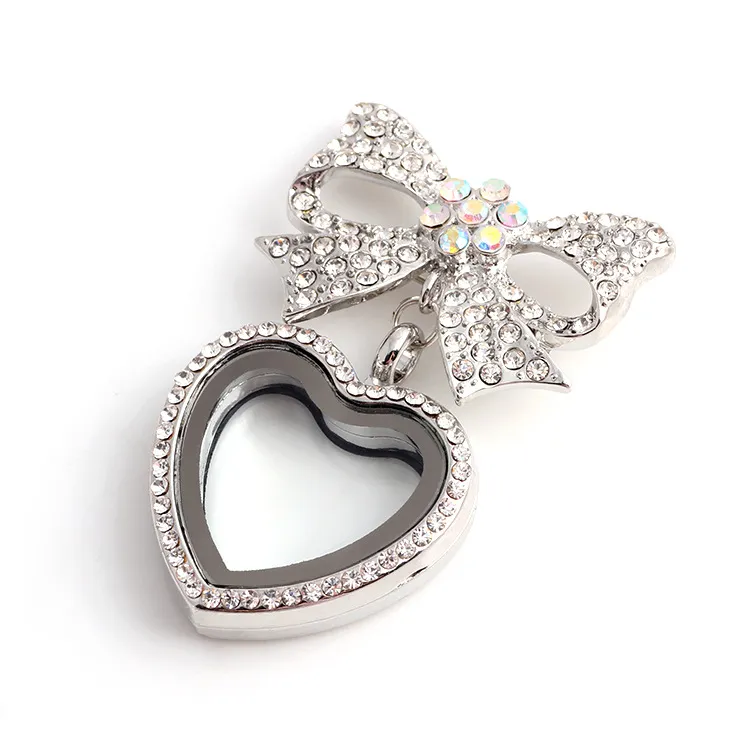 Médaillon flottant à nœud papillon en forme de cœur, avec pendentifs en cristal de diamant, médaillon à breloques pour colliers rétro de personnalité DIY