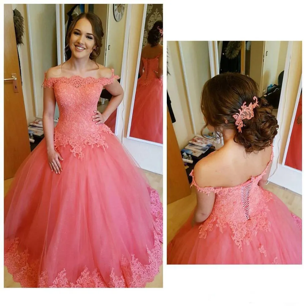 Water Melon Color Evening Gowns Sexy Off Shoulder Lace Appliques Prom Dresses Lace Up Back Tulle Ball Gown Pageant Party Dress For Women