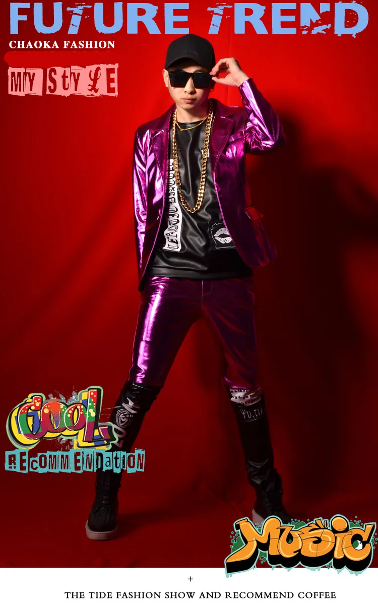 Costumes pour hommes en cuir PU violet veste de couleur unie pantalons minces ensembles discothèque Bar mâle chanteur scène tenue Punk Rock danseur Performance Costume