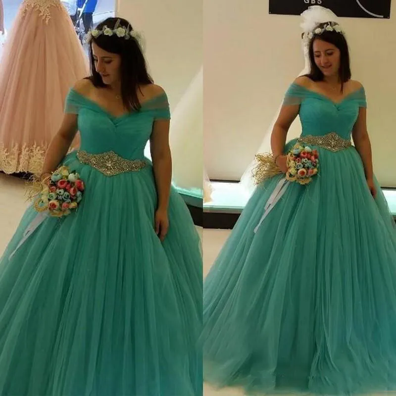 Robes de mariée vert turquoise, plus la taille, épaules dénudées, cristaux, taille perlée, robes de mariée en tulle, ligne A, robe de mariée simple, 2018