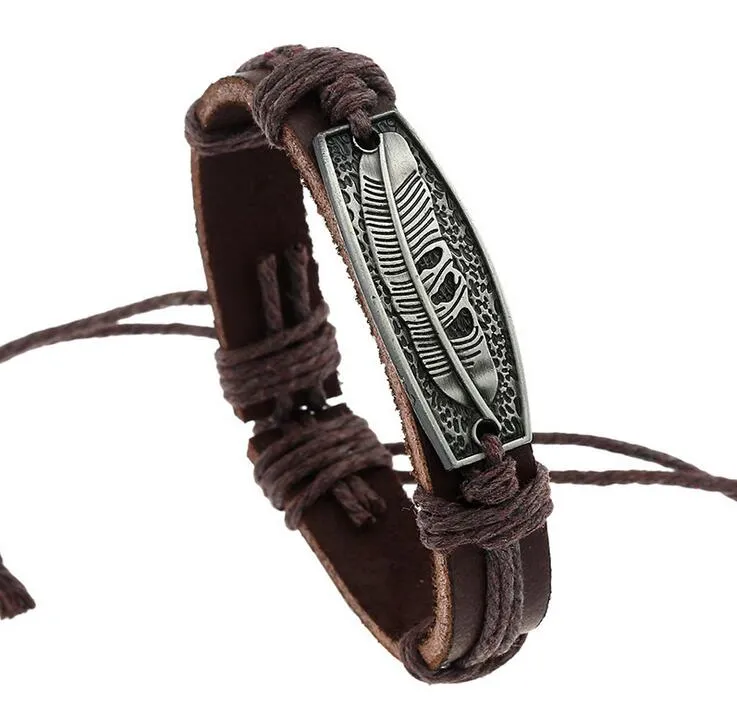 Mens Silver Cuff Bracelets, Antique Style Cowhide Leather Feather
