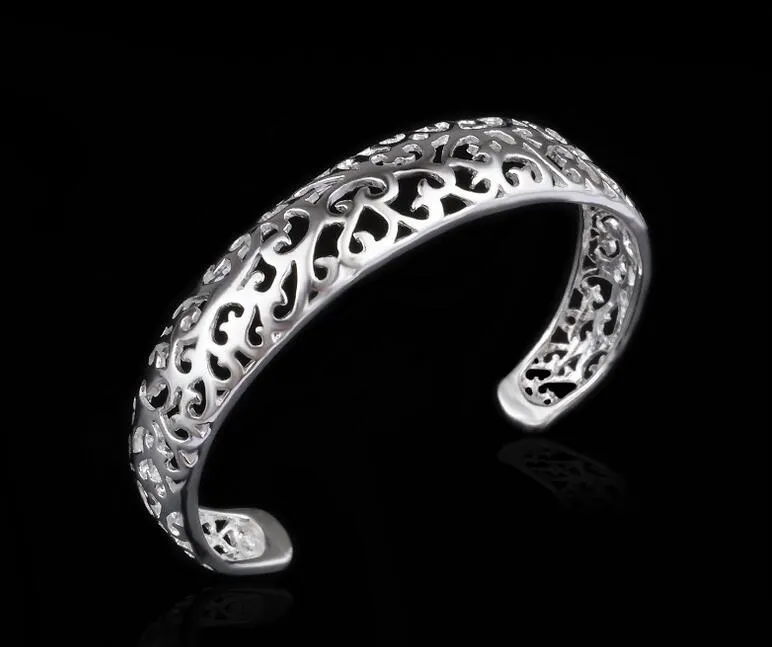 Fabrikspris Varm Försäljning 925 Sterling Silver Plated Fashion Smycken Charm Hollow Bangle Armband Girl / Fru 10st / Lot