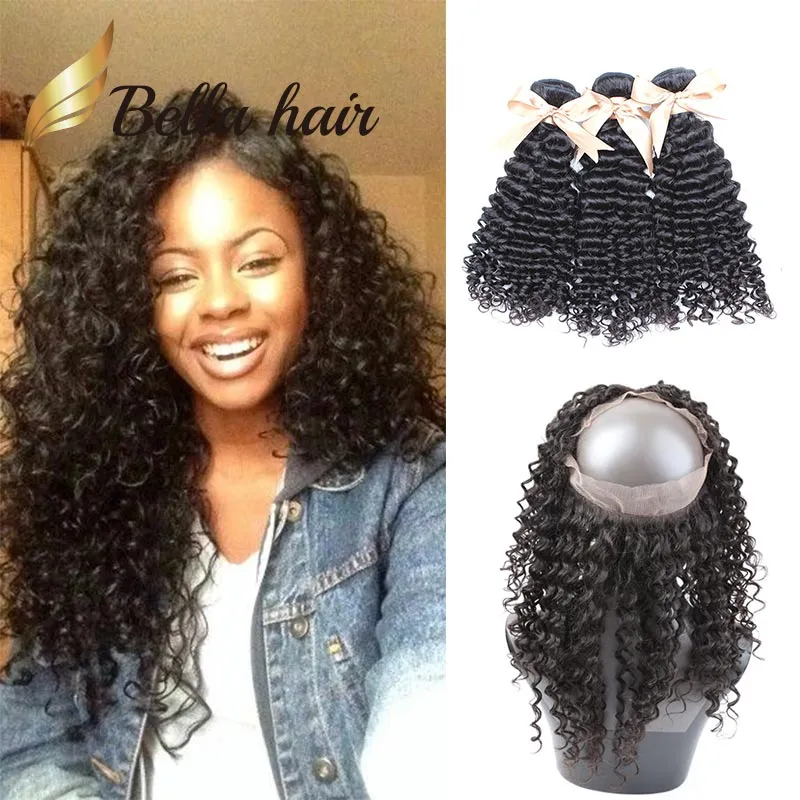 Bella Virgin Human Hair 360 Lace Frontal Closure with Bundles Brazilian Curly Wave Natural Color Weaves