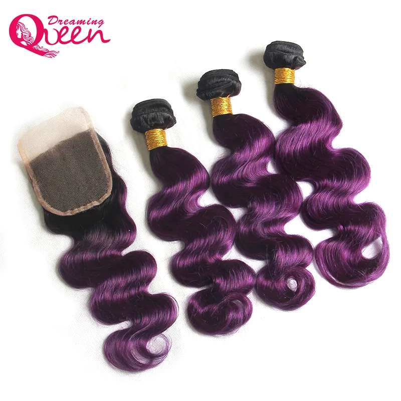 T1B Фиолетовый цвет Объемная волна Ombre Бразильские пучки натуральных волос Virgin 3 шт. с кружевной застежкой 4x4 Натуральная линия волос Ombre Hair Bundl6807524