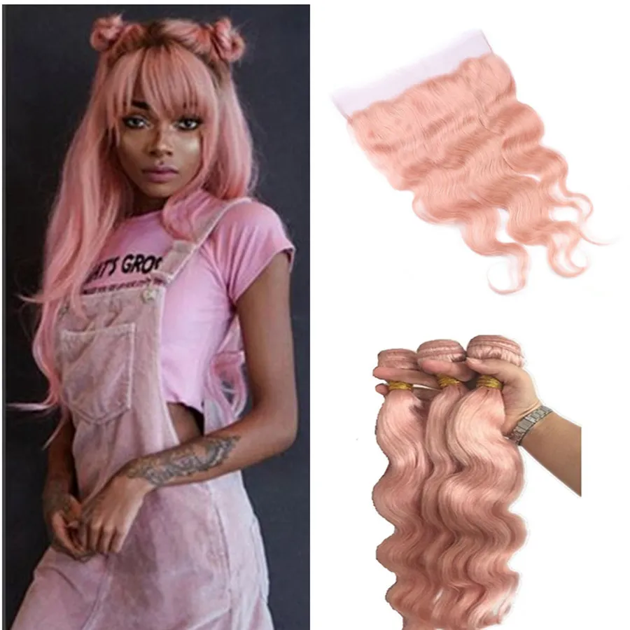 Fasci di capelli umani in oro rosa con chiusura frontale in pizzo Trame di capelli ondulati rosa con chiusura frontale in pizzo Tesse di capelli umani rosa