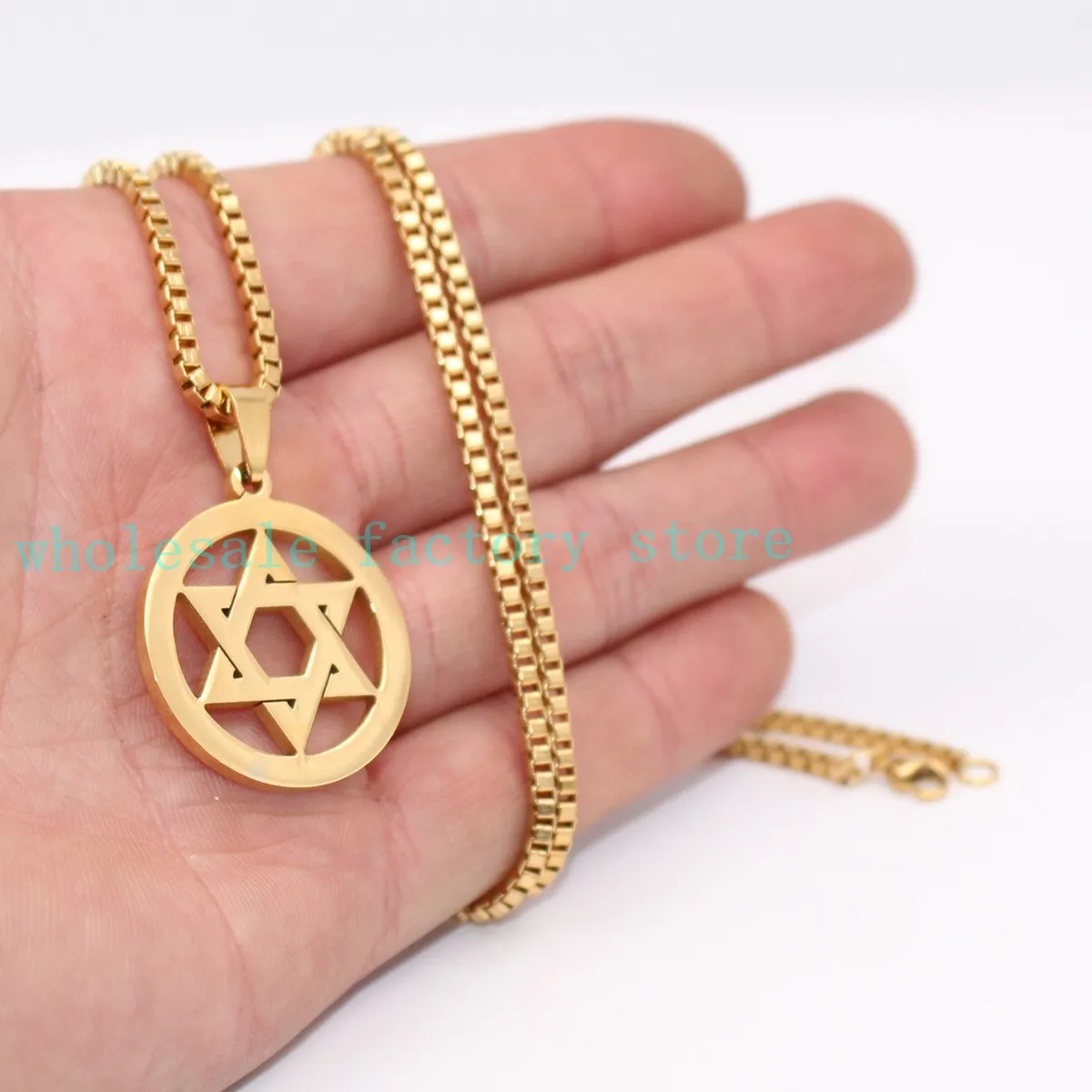 Judaísmo Jóias de Prata / Ouro Hexagrama Moda em aço Inoxidável estrela de David Pingente de Colar de Corrente de Caixa Homens