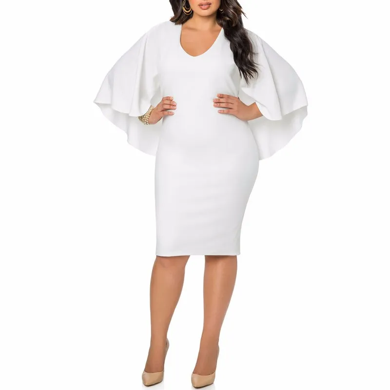 Mode Vrouwen Jurk Plus Size L / XL / XXL / XXXL Dames Batwing Mouw V-hals Cape Bodycon Bandage Cloak Midi Party Vestidos