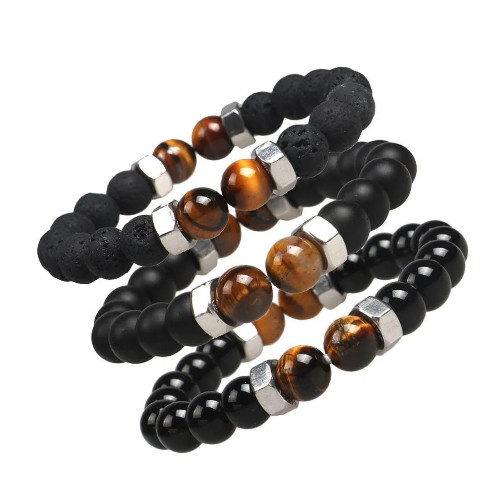 Mode femmes hommes naturel noir pierre de lave Bracelets 10mm mat oeil de tigre pierre perles bouchon à vis Chakra Bracelets