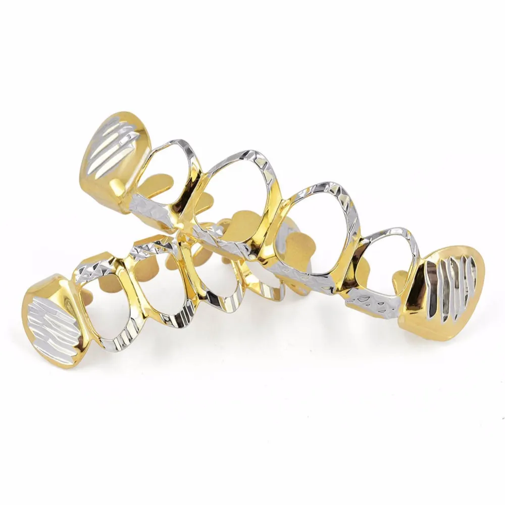 New Gold Silver Hollow Open Dlampnd Cut 6 denti Top Bottom Griglie Denti Caps Dente HipHop GRILLZ Set Gioielli feste