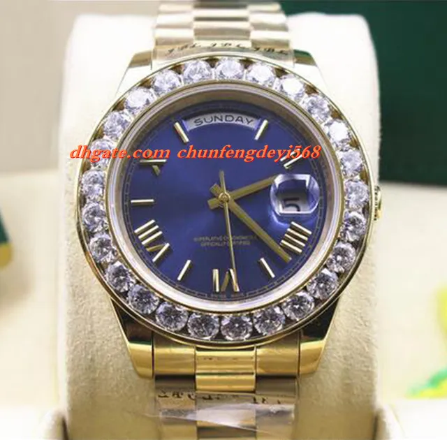 Moda Lüks 18 k Sarı Altın Büyük Elmas Roma 41 MM Izle 218235 Mavi Dial Seramik Çerçeve Otomatik Mekanik Erkekler Saatler En Kaliteli