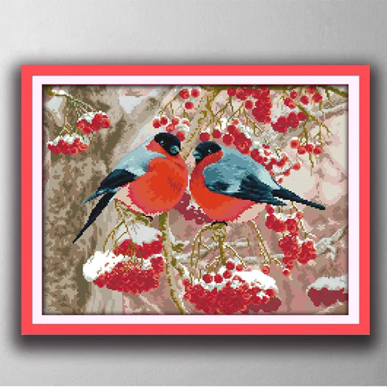 Bullfinch fåglar blommor djur heminredning, handgjorda korsstygn hantverk verktyg broderi nålarbeten räknat tryck på duk DMC 14ct / 11ct