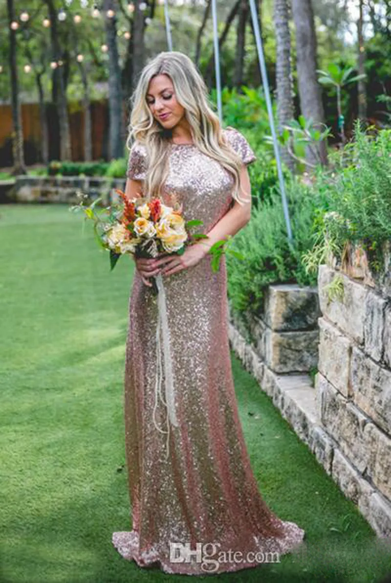 Bling Sparkly 2017 Rose Gold Sequins Bridesmaid Dresses Billiga Mermaid Två Pieces Prom Lugnar Backless Country Beach Party Dresses