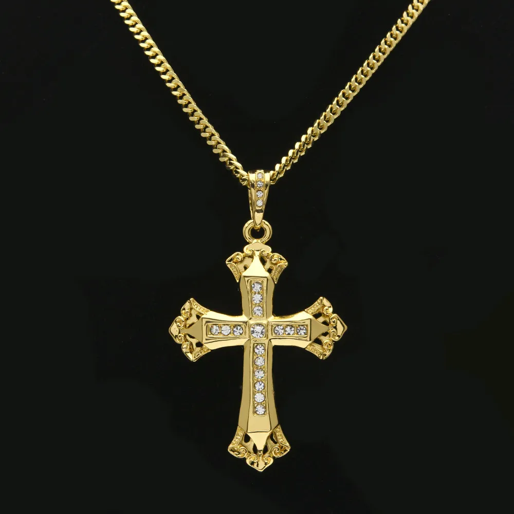 Bling Bling imité diamant pendentif croix collier or jaune plaqué collier pour hommes de haute qualité pendentif exquis en gros