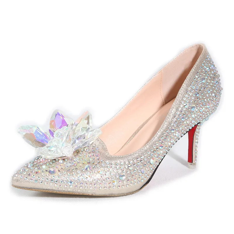 Туфли для выпускного вечера Золушки для девочек, 2017 г., блестящие свадебные туфли цвета шампанского на высоком каблуке со стразами и кристаллами для B2267