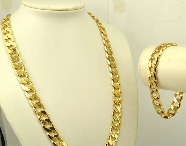 Conjunto de colar + pulseira de ouro maciço amarelo real pesado 24K masculino GF Conjuntos de joias de corrente maciça Clássicos