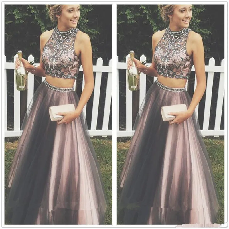 Sparkly Sexy Two Pieces Prom Dresses 2019 High Neck Beaded Crystals billiga långa tyllkvällsklänningar Kvinnor Formella festklänningar3035352