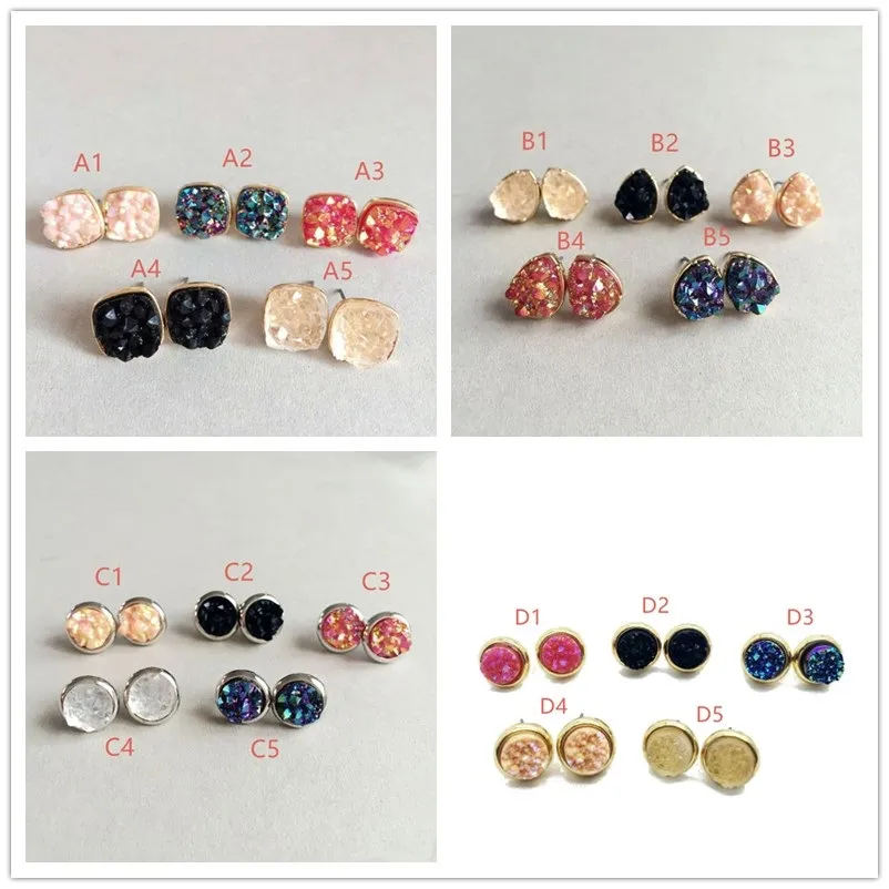 Mode Drusy Druzy boucles d'oreilles argent plaqué or rond goutte carré 5 couleurs cristal de roche pierre boucles d'oreilles pour femmes bijoux