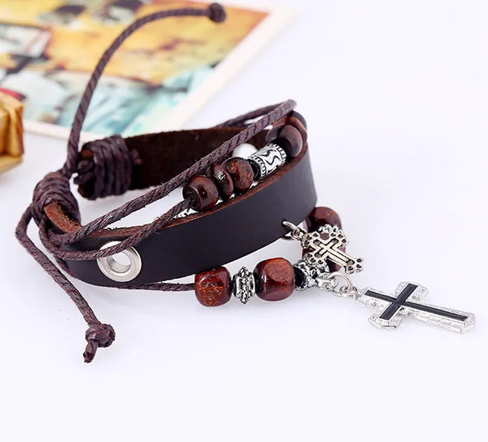 Multi-layer Cross Pendant Charm Bracelet for Men Unisex Casual Genuine Leather Bangles Wood Bead Fashion Jewelry Wholesale