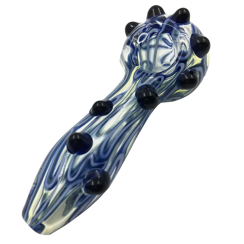 Stylish Fumed Inside-Out Spoon Pipe with Double Blue Stripe Frit and Black Marbles - Glass Smoking Pipes