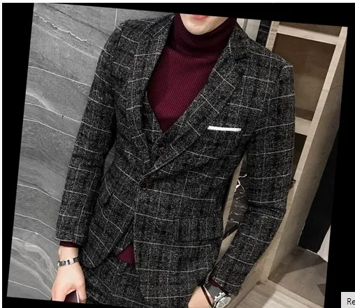 3 sztuki Garnitury Mężczyźni Brytyjscy Ostatnie Płaszcz Designs Royal Blue Mens Garnitur Jesień Zima Gruba Slim Fit Plaid Smoking Smoking Smokingi