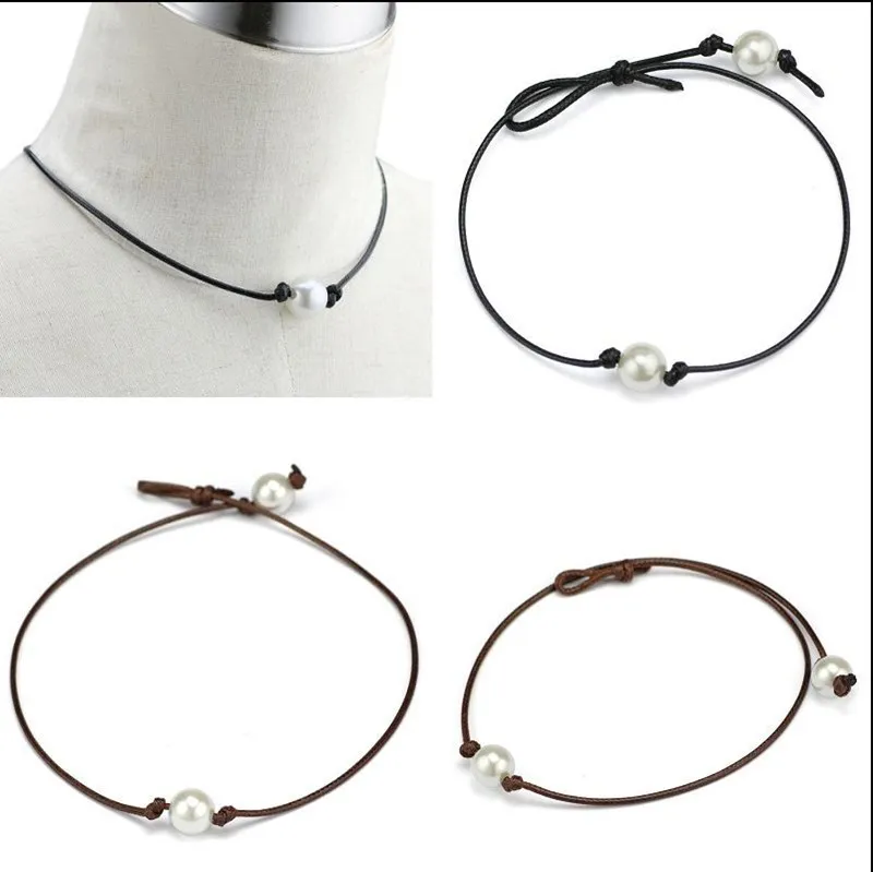 Handmade Single Pearl Leather Choker Necklace on Genuine Black Brown Leather Cord For Women Fashion Imitation Natural Freshwater Pearl