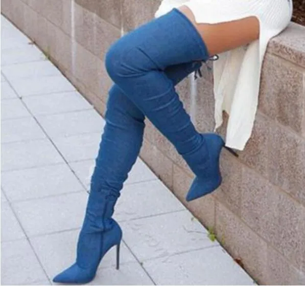 2017 femmes cuissardes en denim bottes dames sur le genou haute à lacets chaussons bleu denim grands chaussons mode dos zip mujer botas