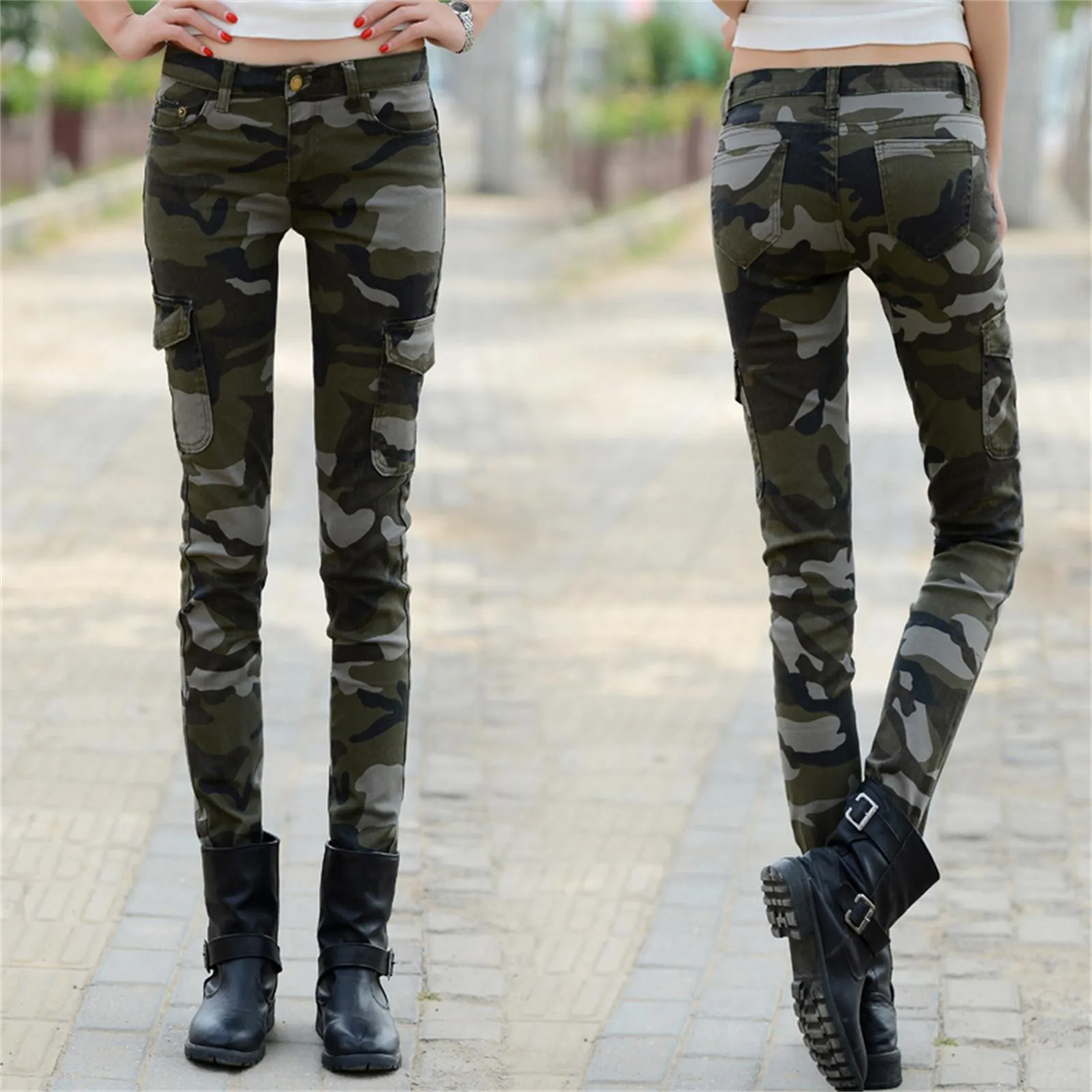 Camouflage dünne dünne Bleistift Hosen weibliche Militär Uniform Lässige Jeans Hosen Große Größe 34 Cargo Hosen Frauen