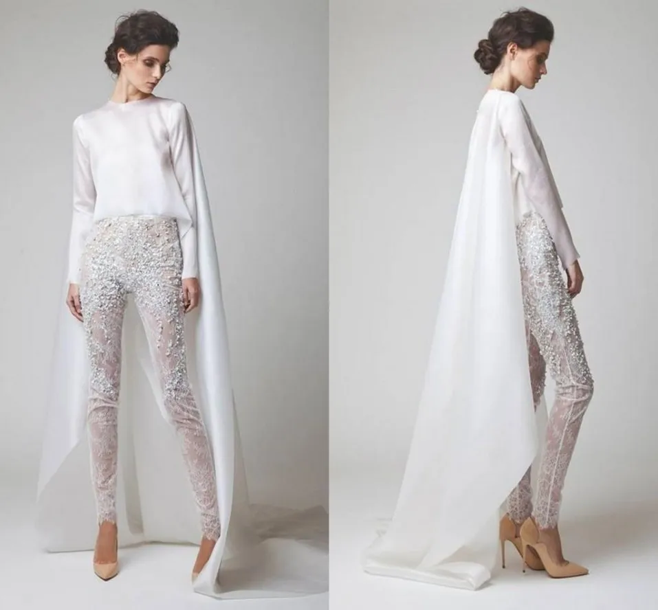 2020 Nieuwe witte avondjurken Twee stukken Chiffon Lace Pearl -broek Zie door lange mouwen Elio Abou Fayssal Avond Jurken WIT4226923