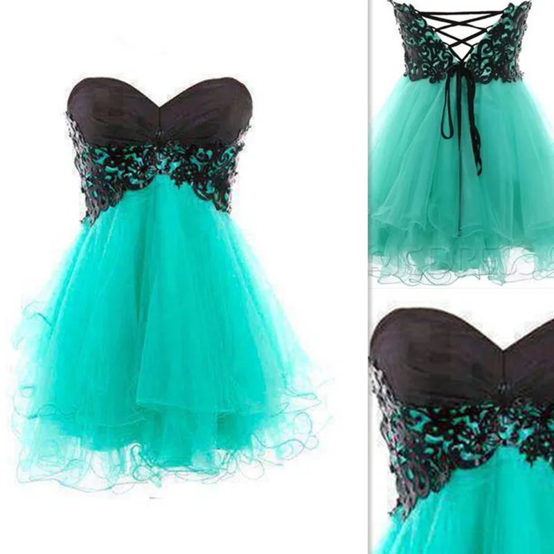 2017 Courtes Robes De Bal Vintage Menthe Vert Tulle Appliques Noir Dentelle Sweetheart Empire Occasion Spéciale Party Dress Robe De Retour