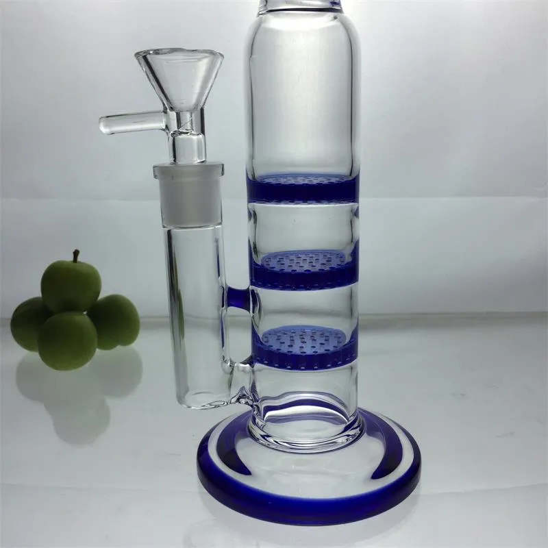 Straight 11"inches Glass bongs Water Hookahs Pipes with 18.8mm Joint 3 Layer Honeycomb Percolate glass bowls