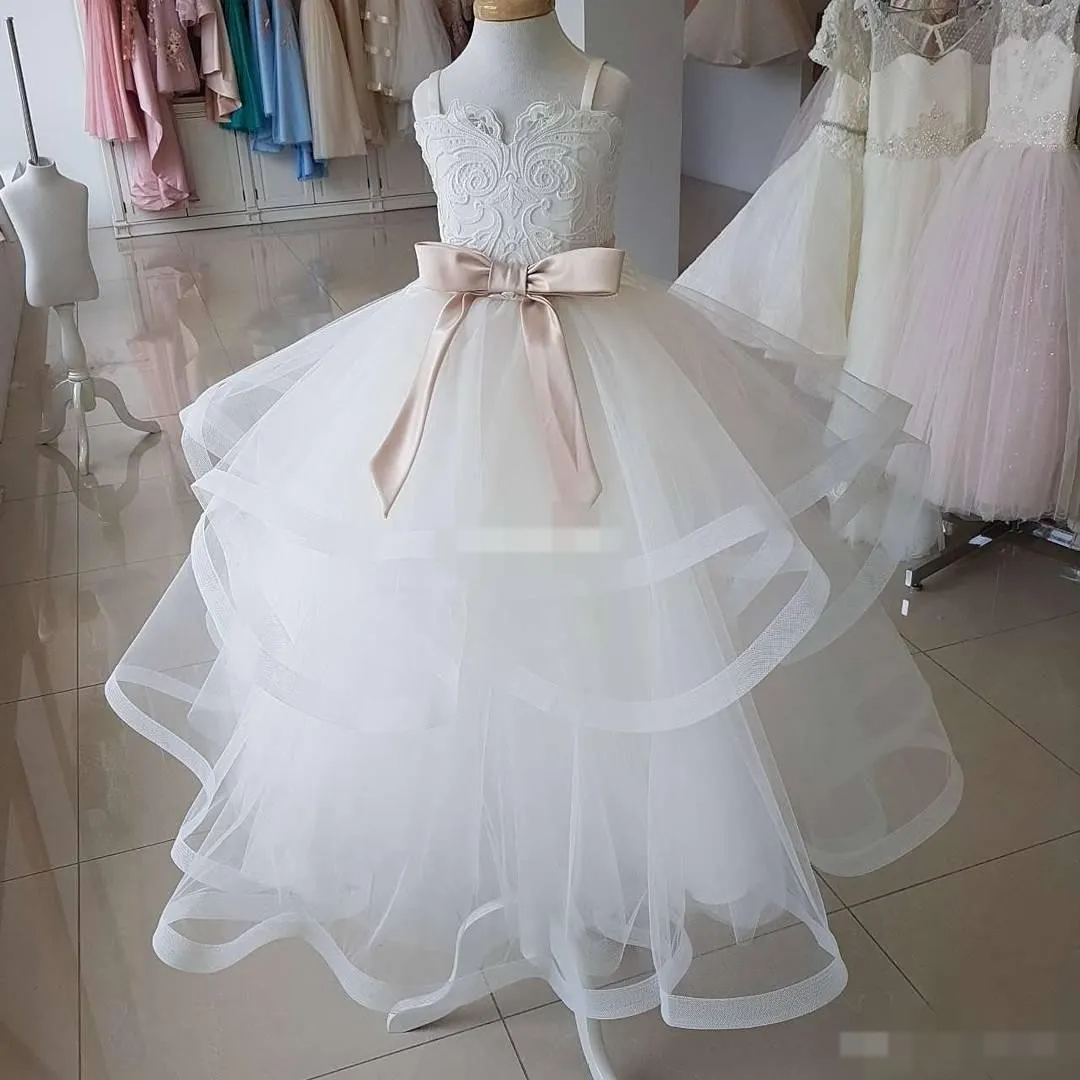 Real Image Ball Gown White Flower Girl Dresses Tutu Champagne Sash 2019 Custom Made Baby Little Barn Födelsedag First Holy Communion Dresses