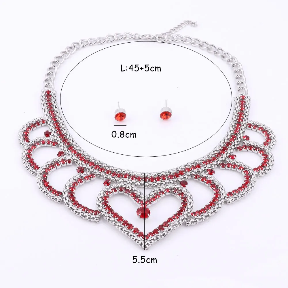 Vintage Quality Wedding Bridal Gold Plated Heart-shaped Design Red Crystal Pendant Fashion Necklace Earring Party Jewelry Sets