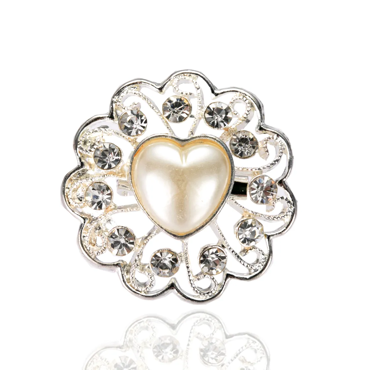 1.4 Inch Silver Plated Heart Shaped Pearl and Rhinestone Flower Brooch