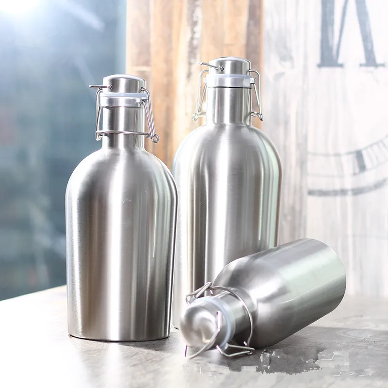 En Ucuz 64oz Growler Paslanmaz Çelik Bira Taşınabilir Şişeler Viski Alkol Şarap Hip Flask Tek Duvar İçme Partisi Flagon Ücretsiz Kargo 7