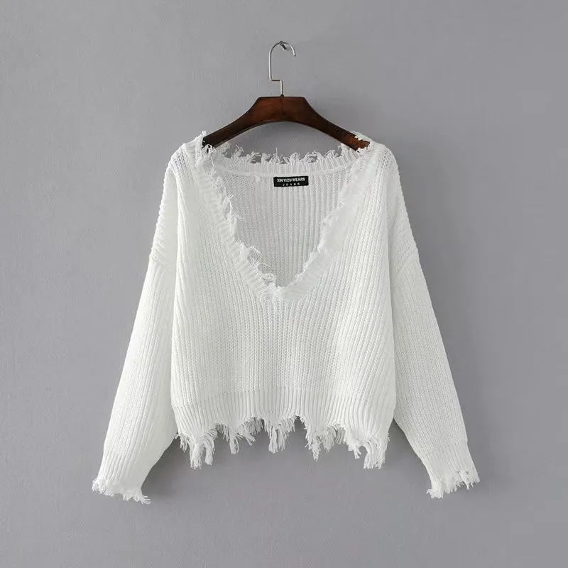 Women s Sexy Low Back Pullover Raw Edge Sweater White Loose Long Sleeve Jumper for 2024 Fall Spring