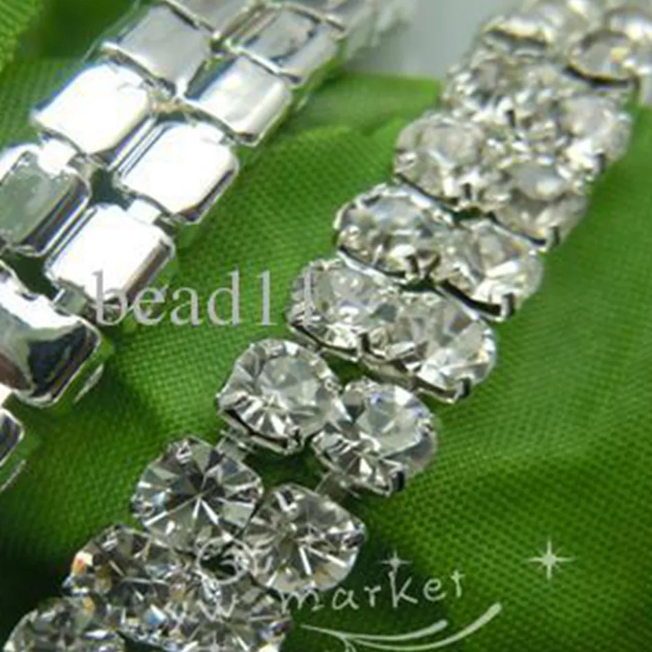 Bröllopsmycken 2-rad SS16 Clear Crystal Rhinestone Trims Stäng kedja Silver 10 gård