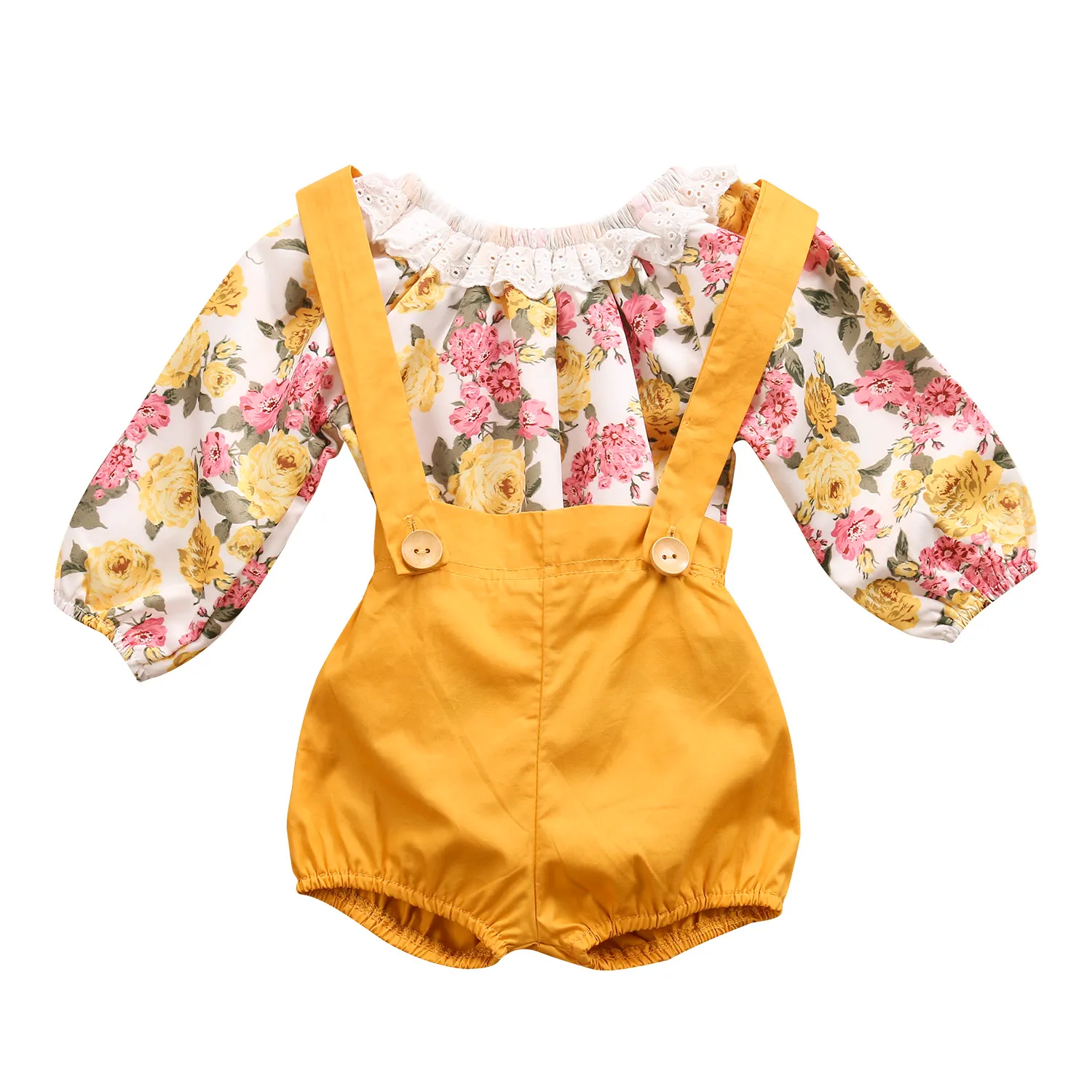 Novo Estilo Bebê Recém-nascido Meninas Roupas de Manga Longa Floral Romper + Calças Gerais 2 PCS Bebê Meninas Roupas Crianças Conjuntos de Roupas de Outono