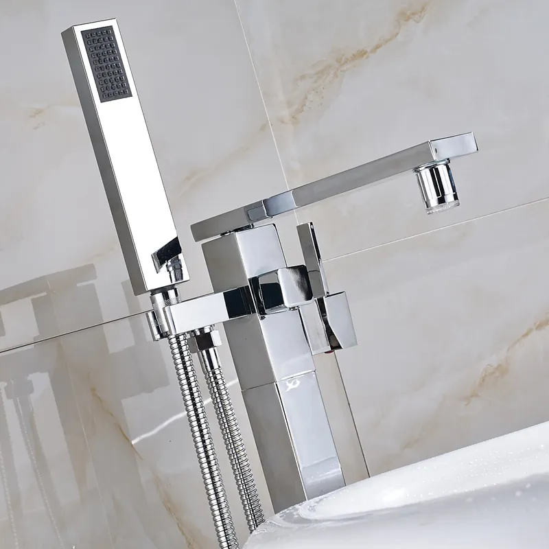 Nouveau Chrome moderne avec bec de cascade de couleur LED, robinet de baignoire de salle de bains, remplissage de baignoire carré debout avec pulvérisateur à main au sol Mou306r