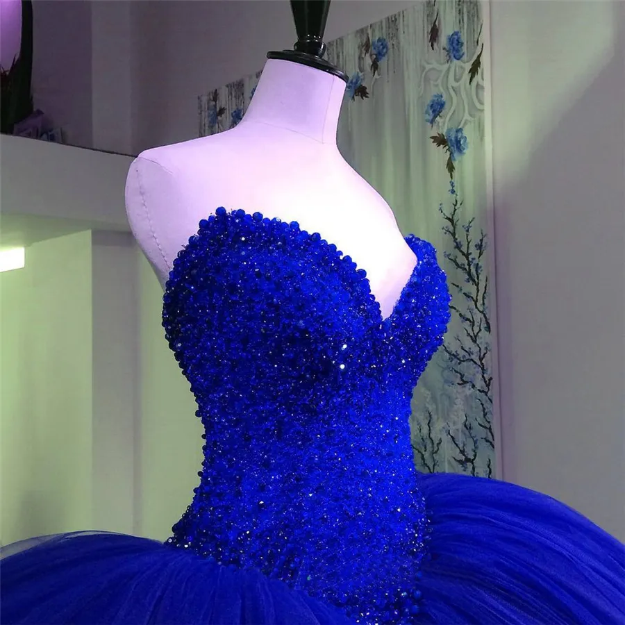 Fully Crystal Beaded Bodice Corset Royal Blue Wedding Dresses Ball Gowns Customized Made Shiny Bridal Dress vestido longo de renda