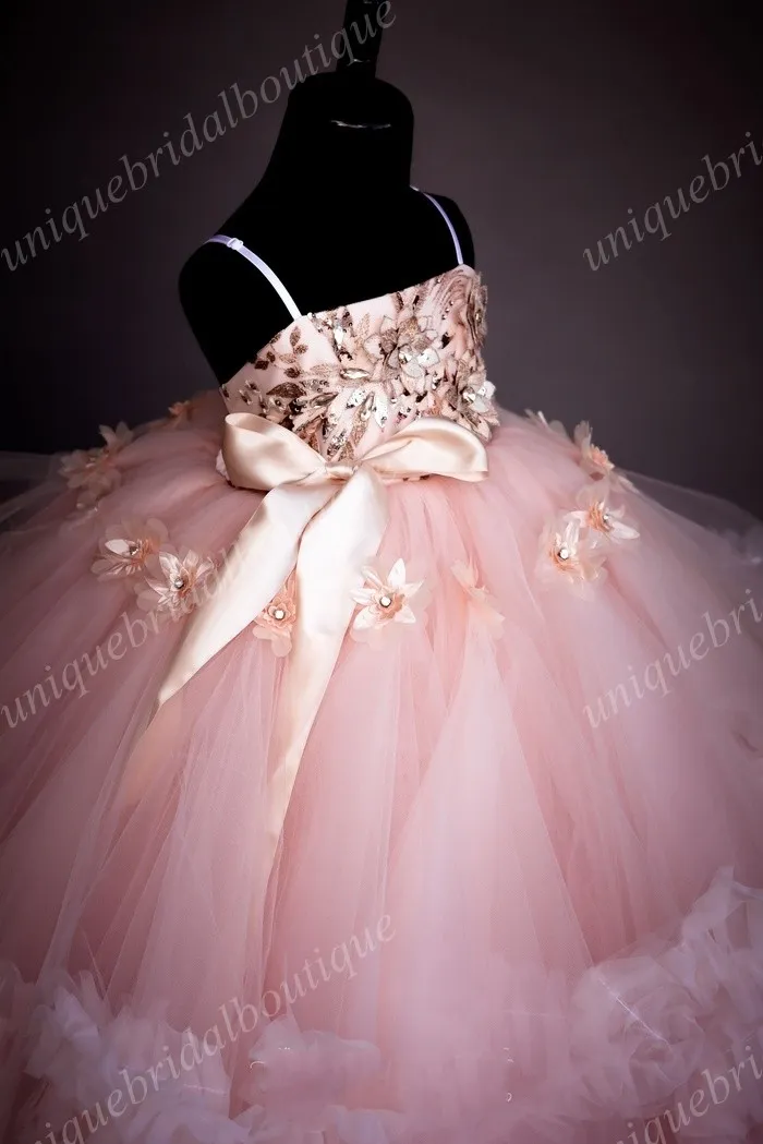 Graduation Dresses Kids Sequins Princess Flower Girl's Dresses with 3D Florals and Ruffles Skirt Real Photos Blush Girls Birthday Gowns